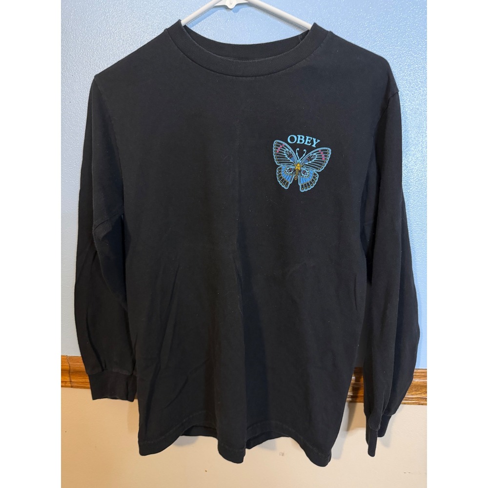 Obey Worldwide Black Butterfly Graphic Long Sleeve Tee Shirt Small